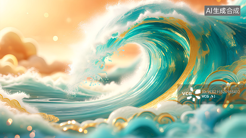 【AI数字艺术】国潮风插画，深绿海浪，传统节日，中国风，唯美古风背景图，壁纸图片素材