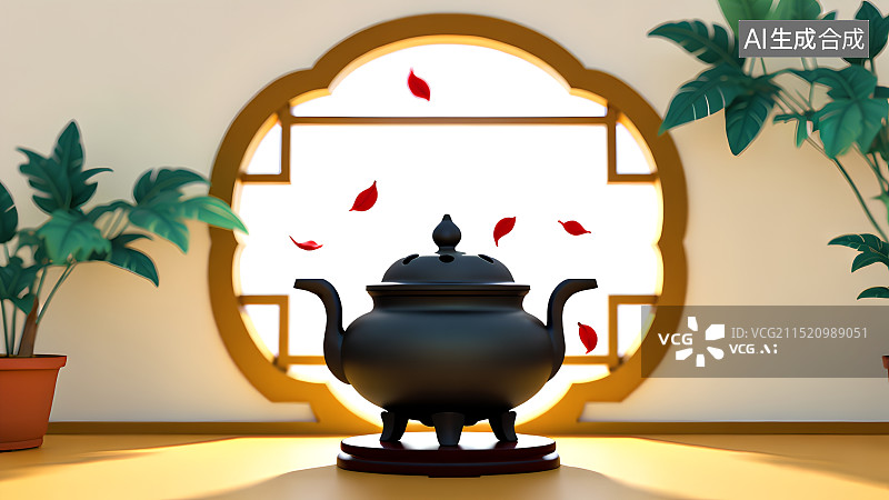 【AI数字艺术】中国风手绘插画，桌子上的香炉，焚香，沉香，香道，香文化图片素材