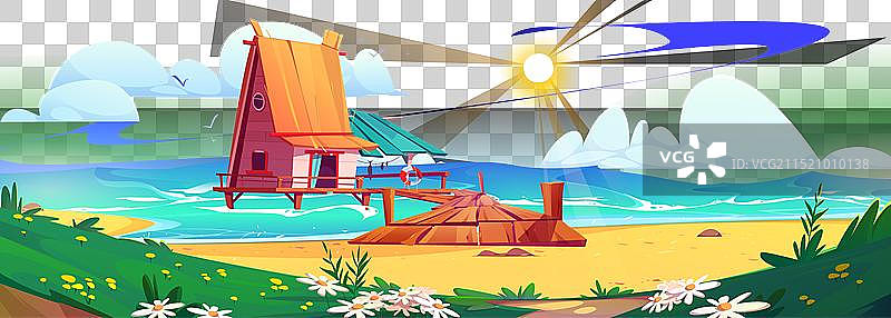 夏天海滩附近带码头的棚屋图片素材