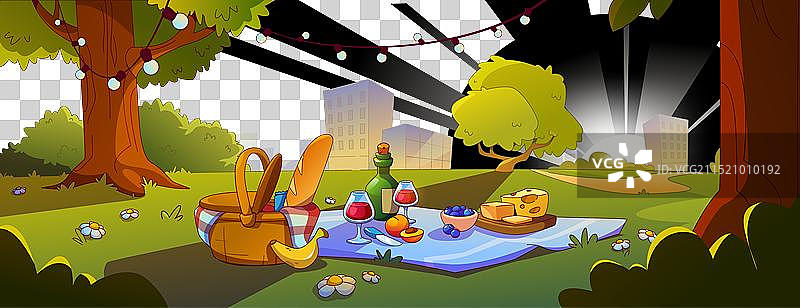 带野餐篮卡通背景的日落公园图片素材