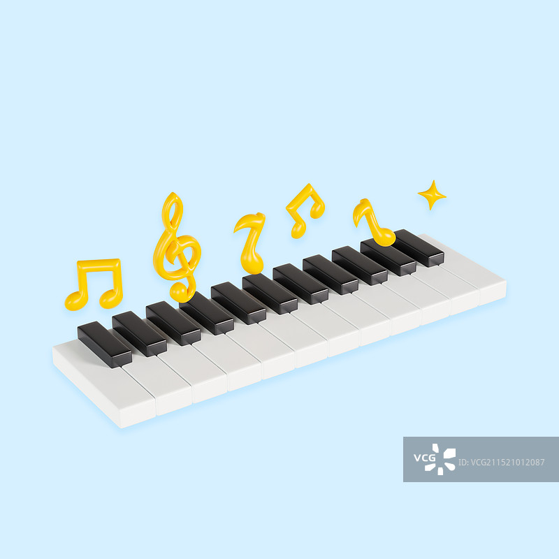 3D渲染的琴键上的音符乐器元素钢琴吉他乐器元素音乐插画图片素材