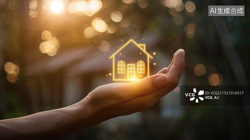 【AI数字艺术】手捧金色发光的小房子——买房房产经纪人概念图片素材