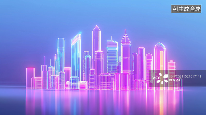 【AI数字艺术】繁华的都市霓虹色透明天际线剪影插画图片素材