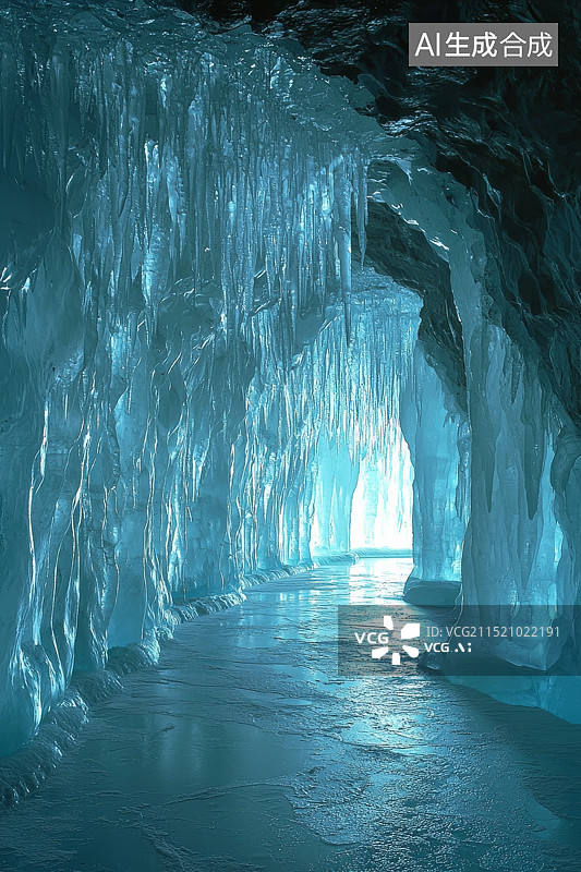 【AI数字艺术】冰洞中的蓝色光线图片素材