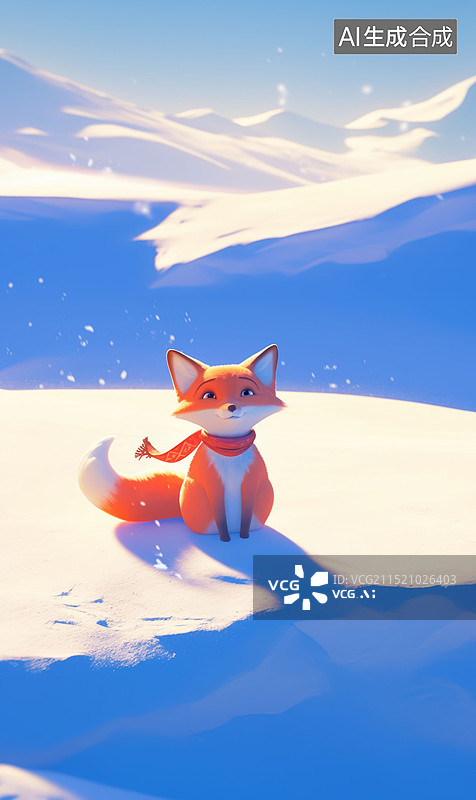 【AI数字艺术】雪地上的小狐狸冬天冬至背景插画图片素材