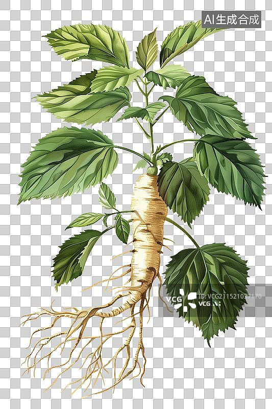 【AI数字艺术】植物中药之人参，手绘水彩药材人参植物，书本配图，中医，医学，中国传统文化中草药药材元素图片素材