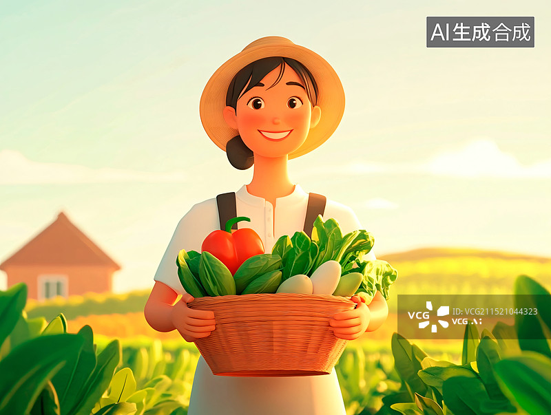 【AI数字艺术】一个快乐的女性农民拿着一个装满了蔬菜的篮子站在田地前面 3D丰收插画图片素材