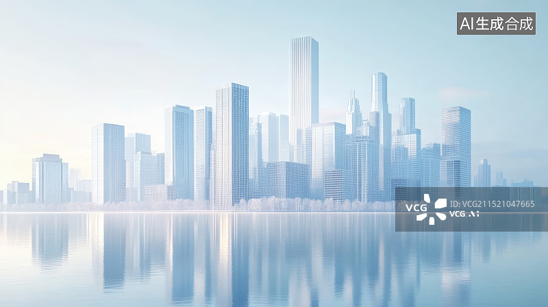 【AI数字艺术】3D渲染白色现代建筑城市天际线倒影背景图片素材