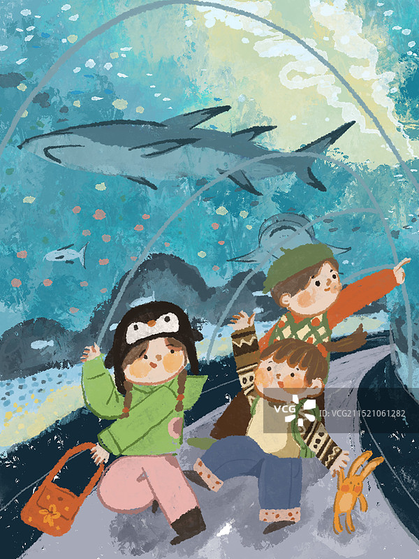 三个孩子去海底世界看鲨鱼图片素材