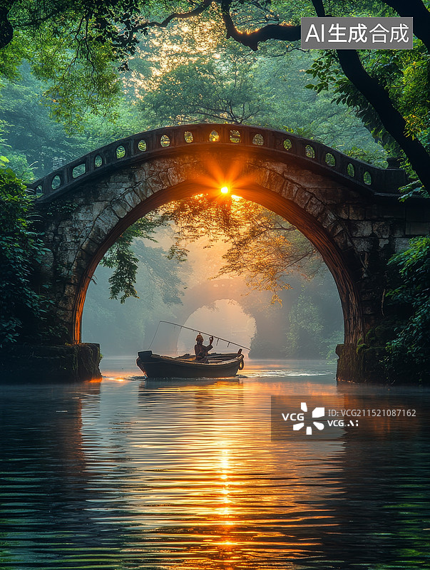 【AI数字艺术】日出时分石拱桥 —— 宁静之景图片素材