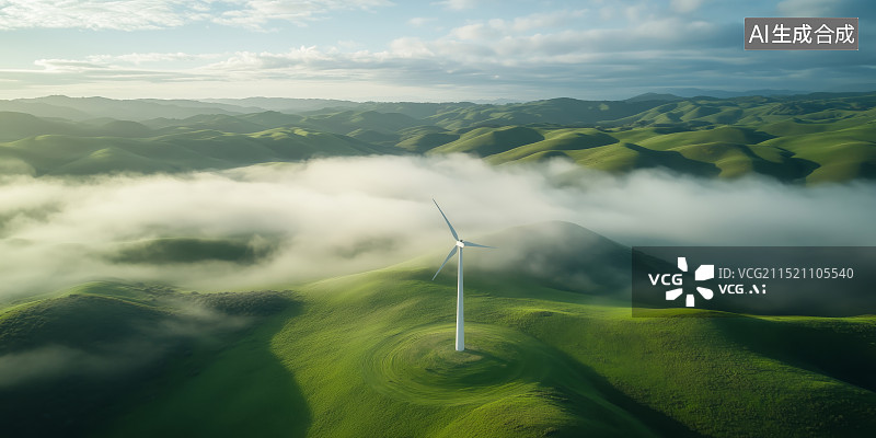 【AI数字艺术】风力发电机与草原自然风光图片素材