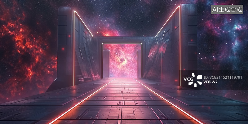 【AI数字艺术】科幻未来外星球巨大荧光传送门3D立体插画图片素材