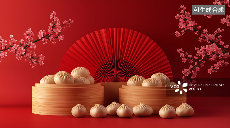 【AI数字艺术】3D卡通小笼包红色喜庆春节图片素材