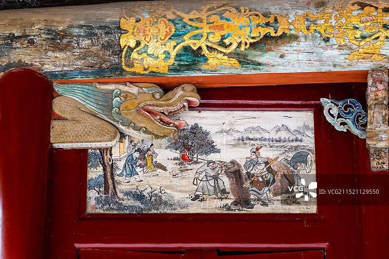 中国山西省太原市晋祠镇晋祠公园的晋祠博物馆水镜台“木兰从军”图片素材