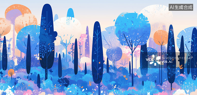 【AI数字艺术】蓝色小清新森林插画图片素材