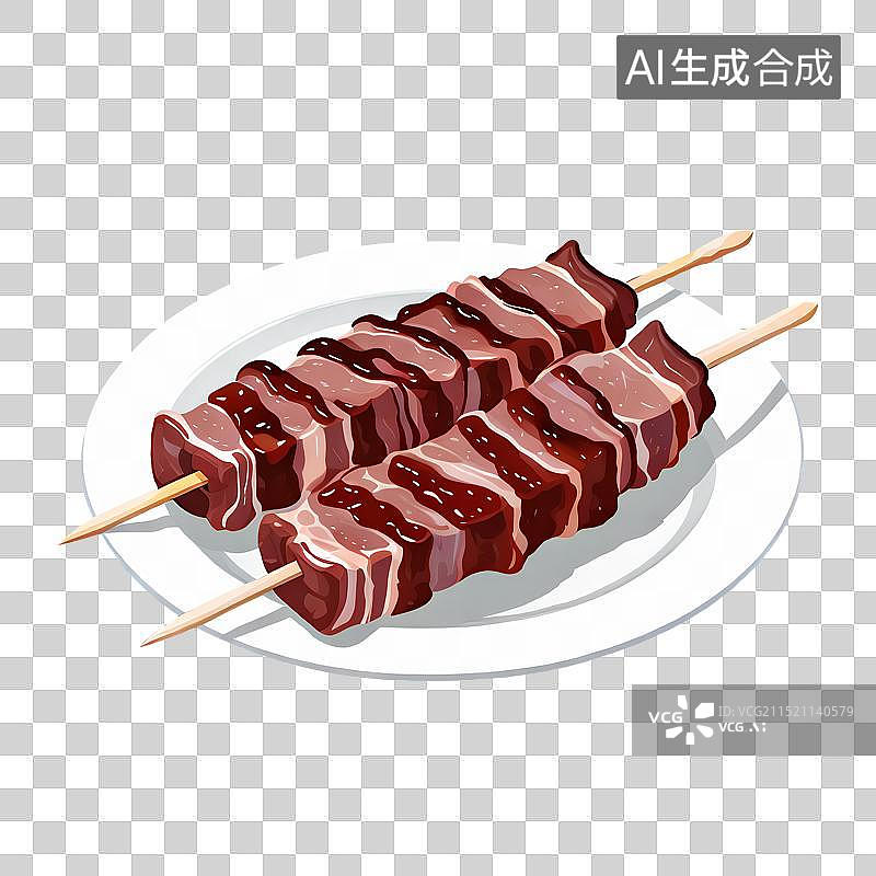 【AI数字艺术】手绘插画，盘子里放着的羊肉串，牛肉串，烤肉，烤串，和牛，美食图片素材