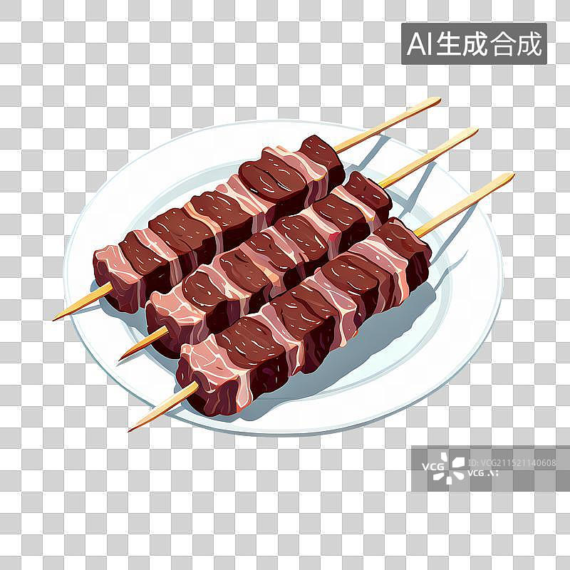 【AI数字艺术】手绘插画，盘子里放着的羊肉串，牛肉串，烤肉，烤串，和牛，美食图片素材