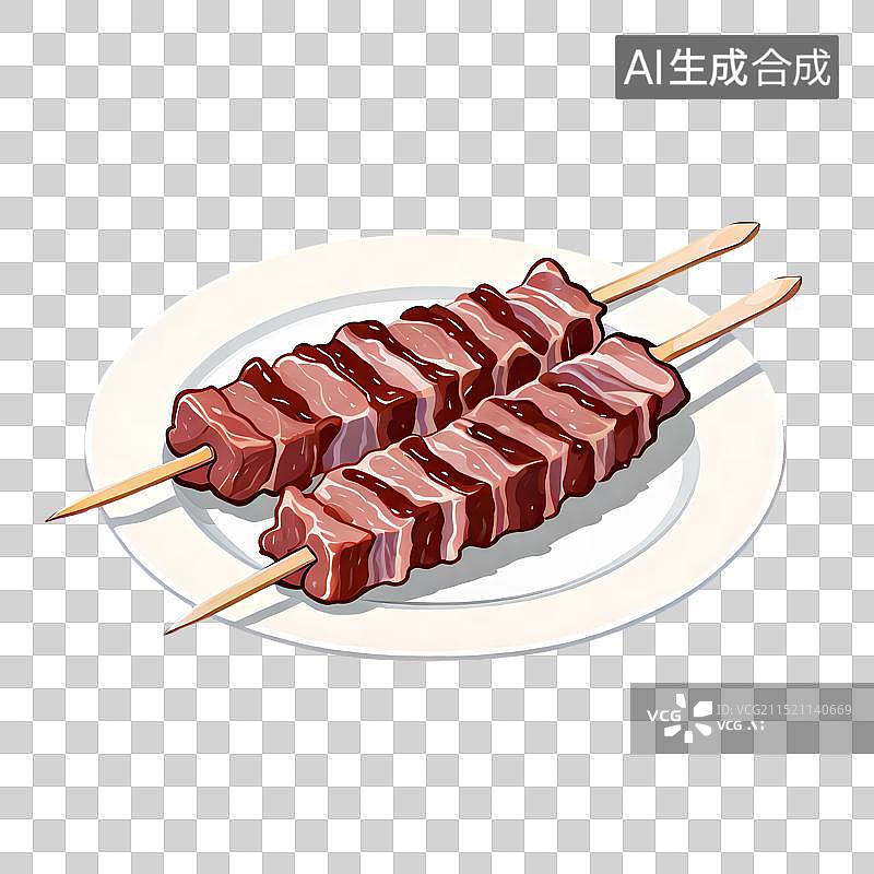 【AI数字艺术】手绘插画，盘子里放着的羊肉串，牛肉串，烤肉，烤串，和牛，美食图片素材