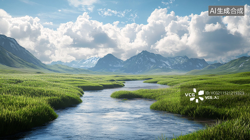 【AI数字艺术】高山河流与广阔的绿色草地图片素材