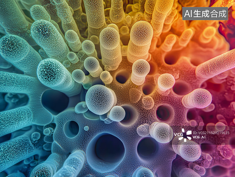 【AI数字艺术】微镜下的细胞结构，彩色细胞图像图片素材