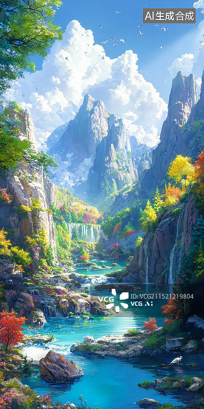 【AI数字艺术】蓝天白云下的山谷溪流景观图片素材