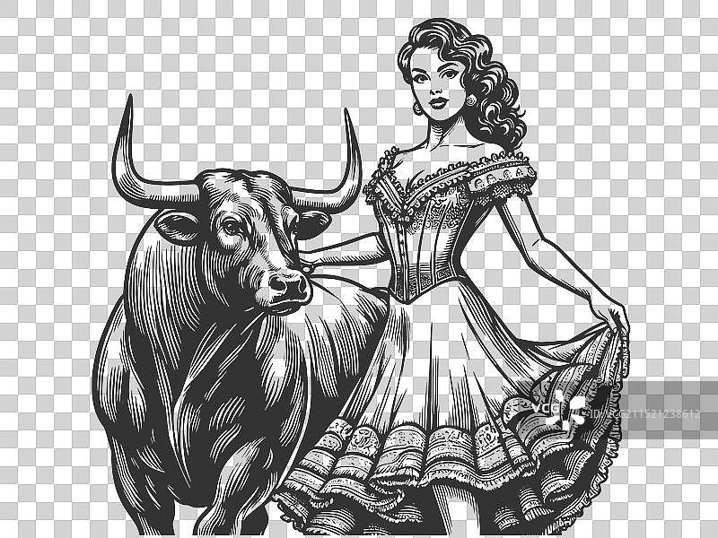 穿着传统服装的女人和牛图片素材