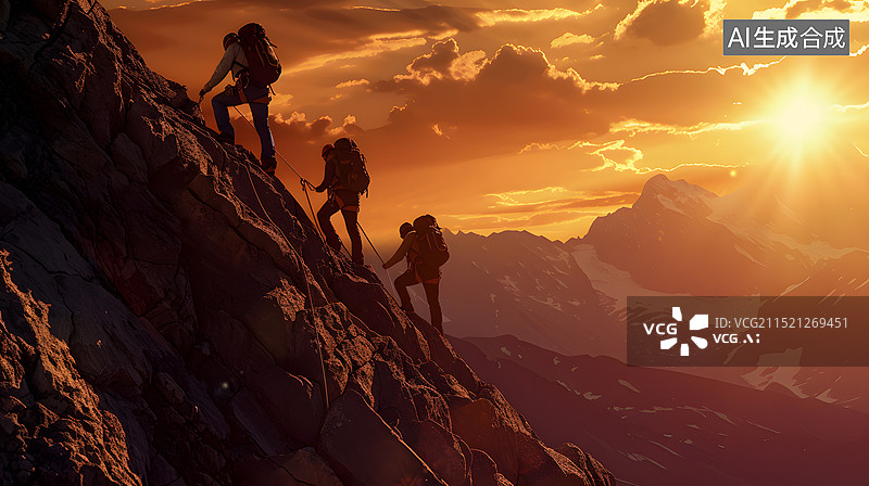 【AI数字艺术】夕阳爬山攀登图片素材