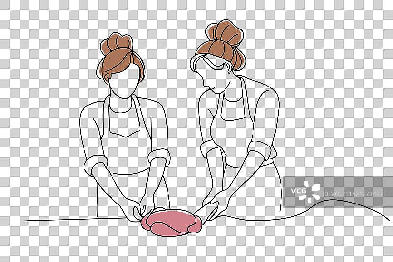 两位女士在明亮的环境中系着围裙揉面图片素材