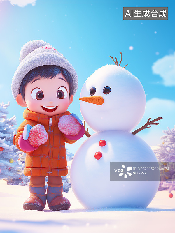 【AI数字艺术】冬天堆雪人的小朋友图片素材
