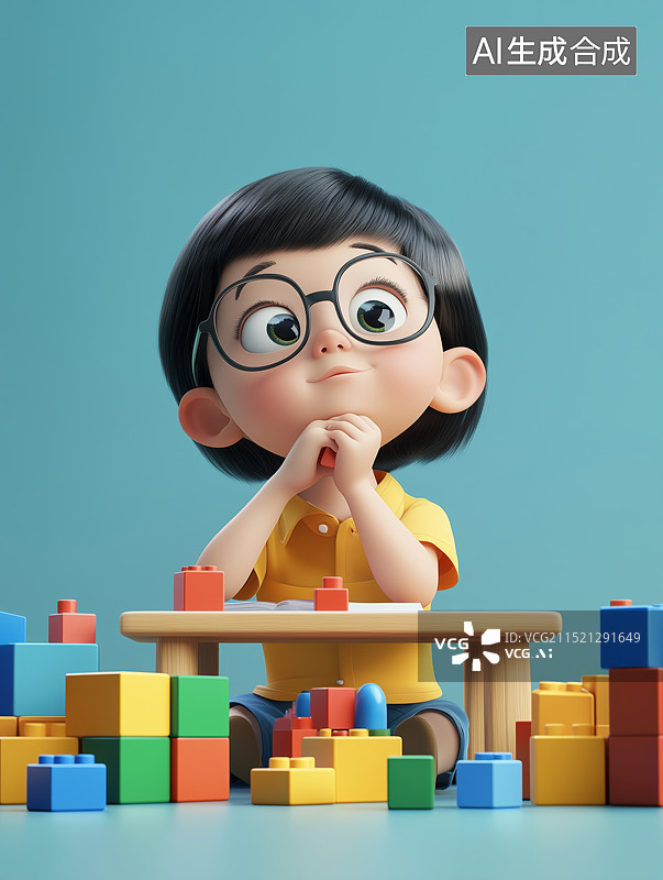【AI数字艺术】思考如何拼积木的可爱小孩图片素材