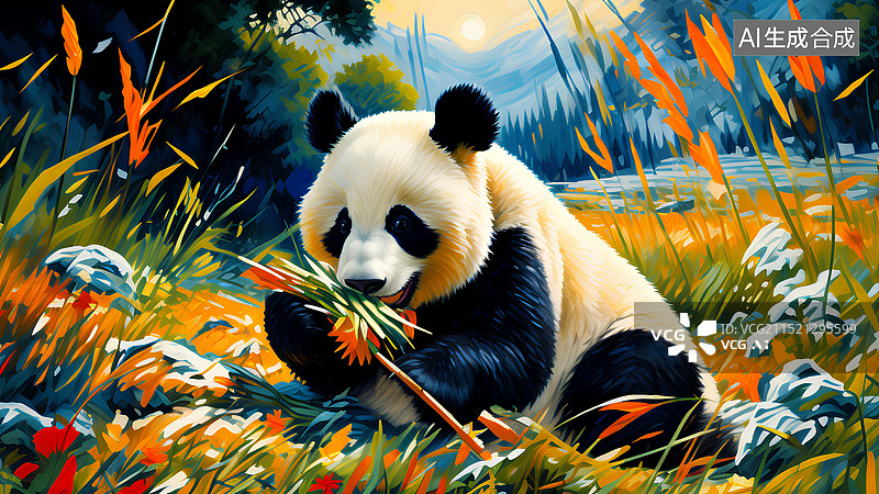 【AI数字艺术】大熊猫主题插画 吃食物的大熊猫图片素材
