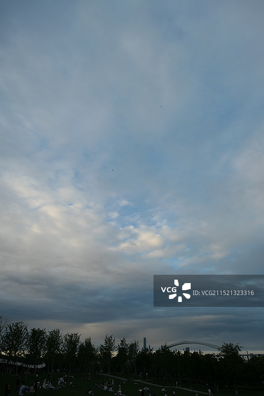 上海世博文化公园夏天六月份傍晚，在湖边大草坪上看天空图片素材