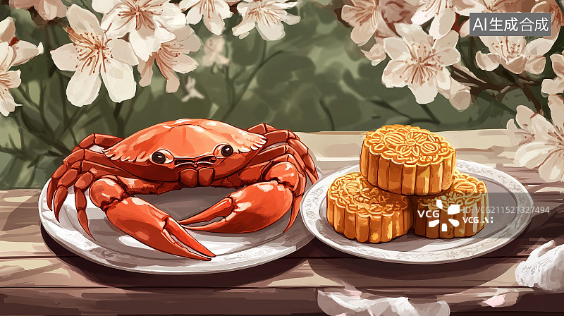 【AI数字艺术】放在桌上的螃蟹和月饼插画图片素材