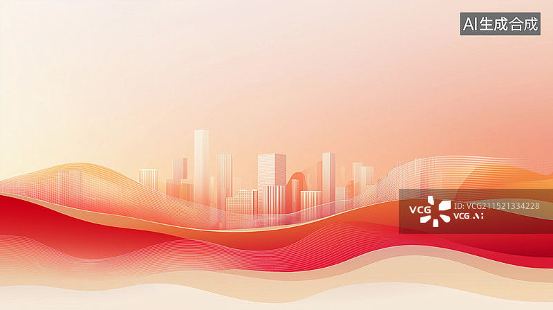 【AI数字艺术】国庆节主题红色背景海报——红金配色的抽象城市天际线图片素材