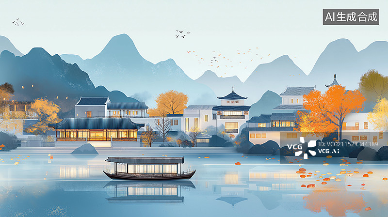 【AI数字艺术】秋季中国风海报——姑苏城外寒山寺，夜半钟声到客船图片素材