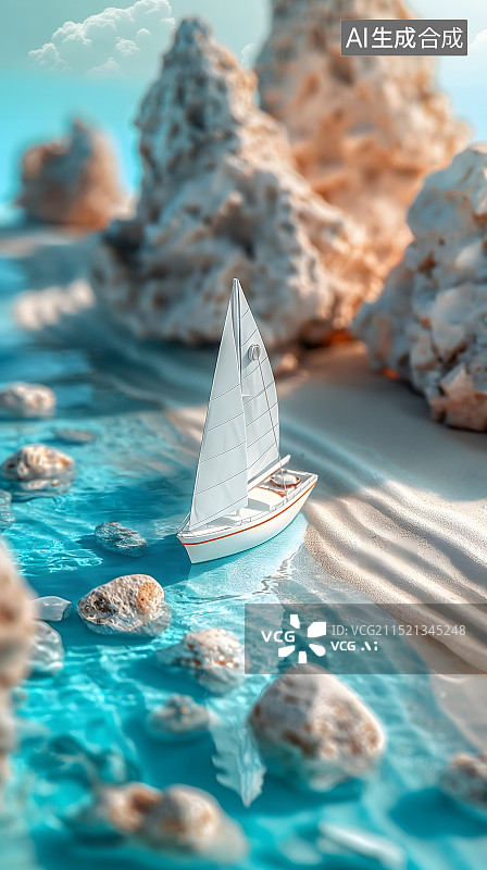 【AI数字艺术】3d抽象海洋上航行的帆船微缩场景插画图片素材