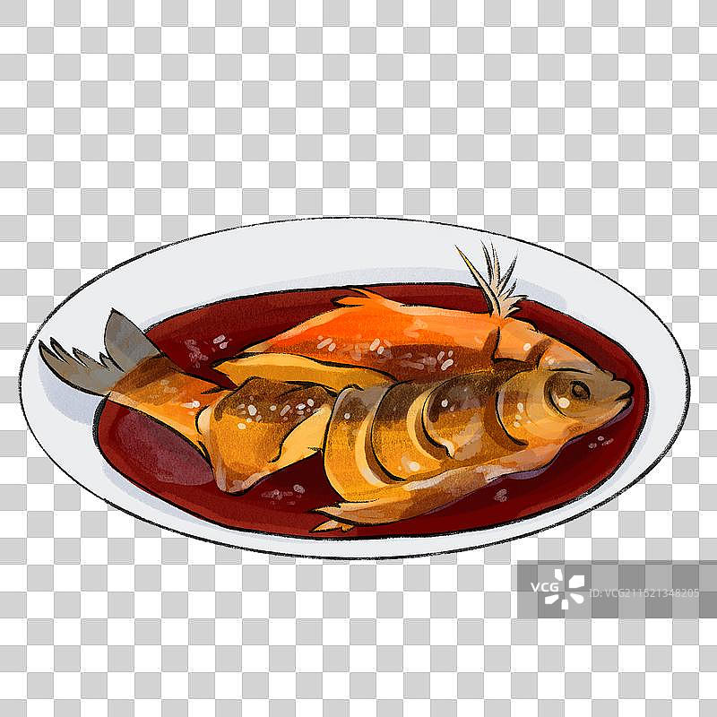 西湖醋鱼-浙江城市美食土特产小吃插画图片素材