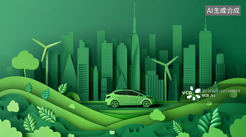【AI数字艺术】绿色新能源汽车剪纸风插画图片素材