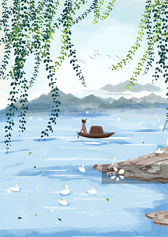 鸭子戏水河岸风景划船出游图片素材