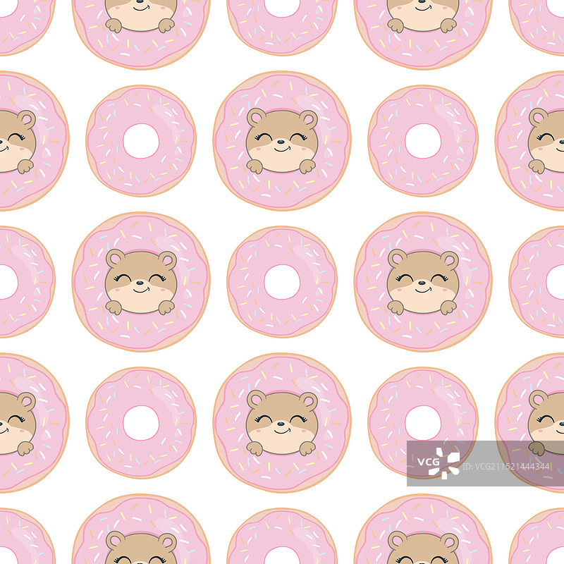 泰迪熊甜甜圈手绘无缝图案图片素材