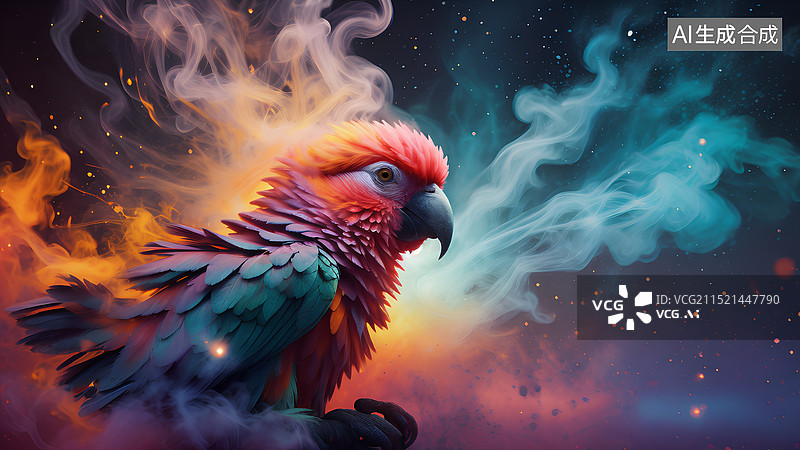 【AI数字艺术】动物主题插画 烟雾中的鹦鹉图片素材