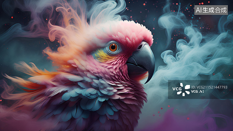 【AI数字艺术】动物主题插画 烟雾中的鹦鹉图片素材
