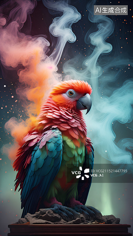 【AI数字艺术】动物主题插画 烟雾中的鹦鹉图片素材