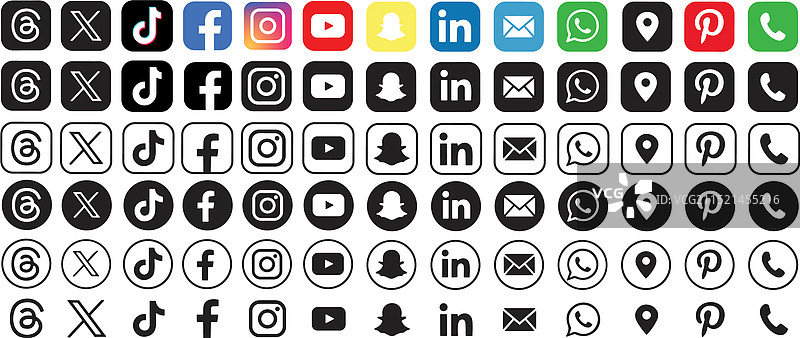 社交媒体logo：Threads、TikTok、Facebook图片素材