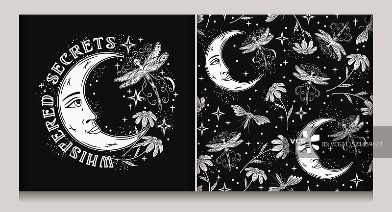 带有月亮、精灵和蜻蜓图案的标签图片素材
