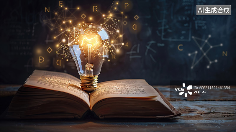 【AI数字艺术】打开的书和散发思想之光的电灯泡——教育、思想和创意概念图片素材