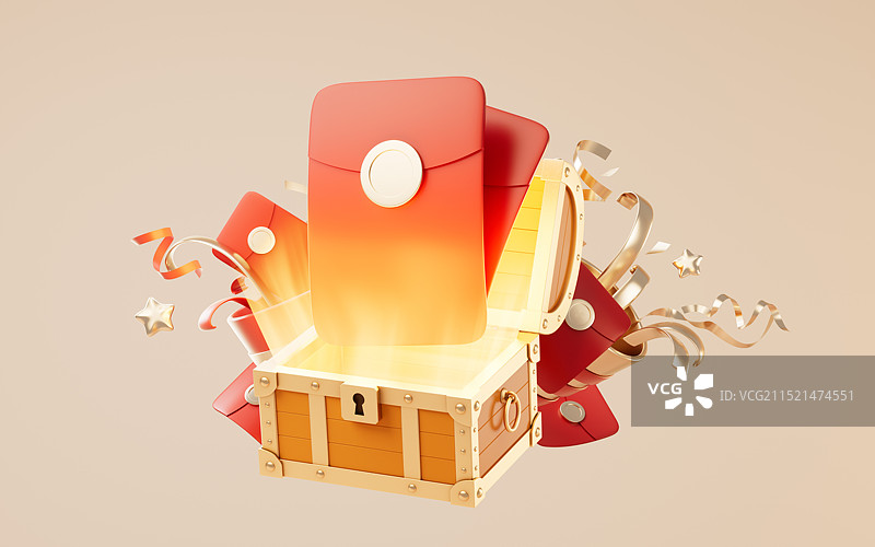 开启的复古宝箱与红包三维渲染图片素材