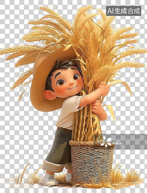 【AI数字艺术】男孩开心的抱着一筐麦穗图片素材