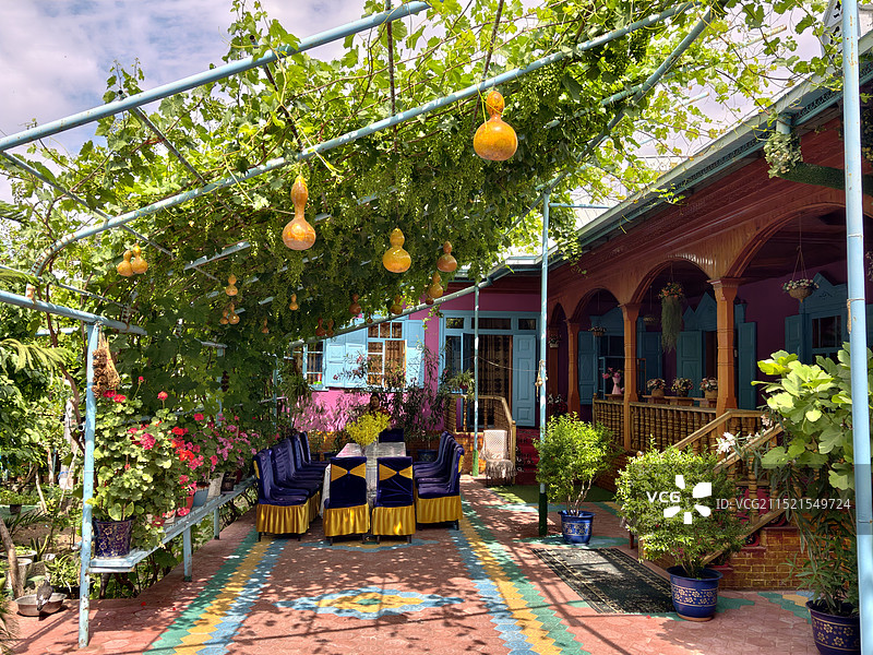 新疆伊犁伊宁喀赞其民俗旅游区内的维吾尔族民居庭院，鲜花盛开图片素材