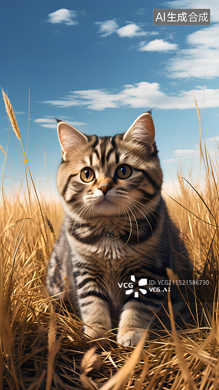 【AI数字艺术】秋天冬天草原上的猫咪特写，一只狸花猫图片素材